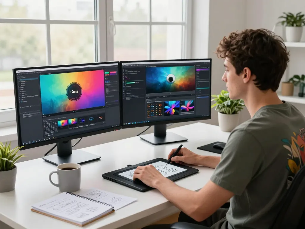 Artist transforming video to prompt in a vibrant tech workspace, illustrating the creative process