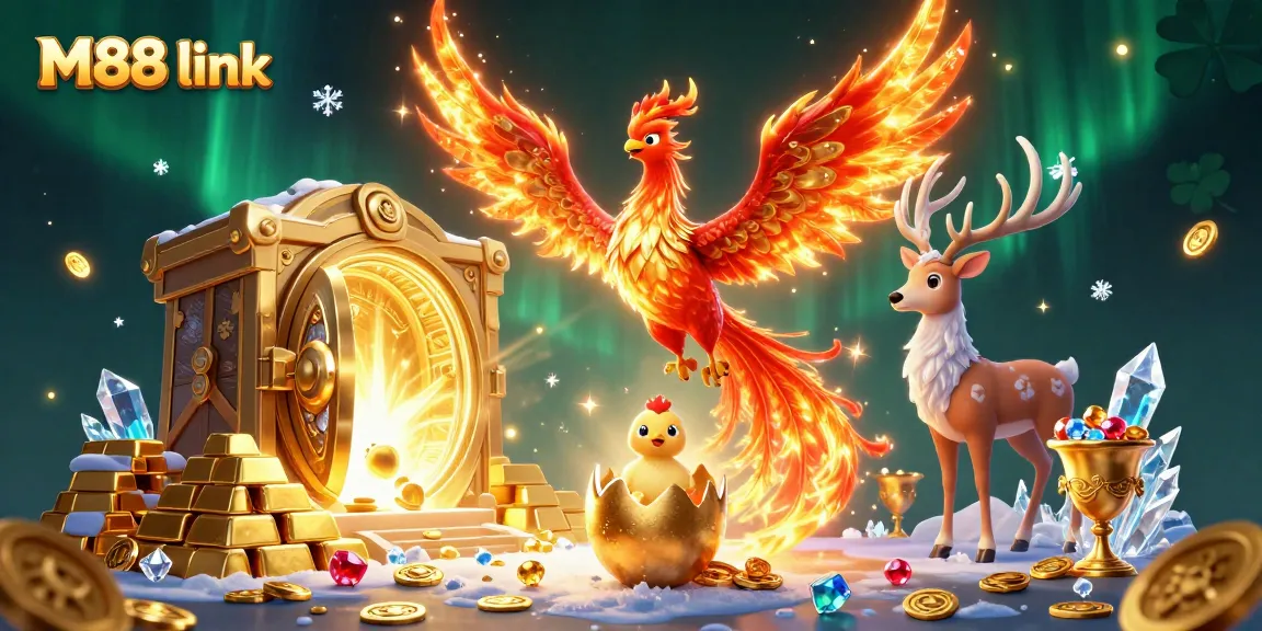 Win with M88 link: Vibrant 3D casino scene featuring mythical phoenix and mystical stag.