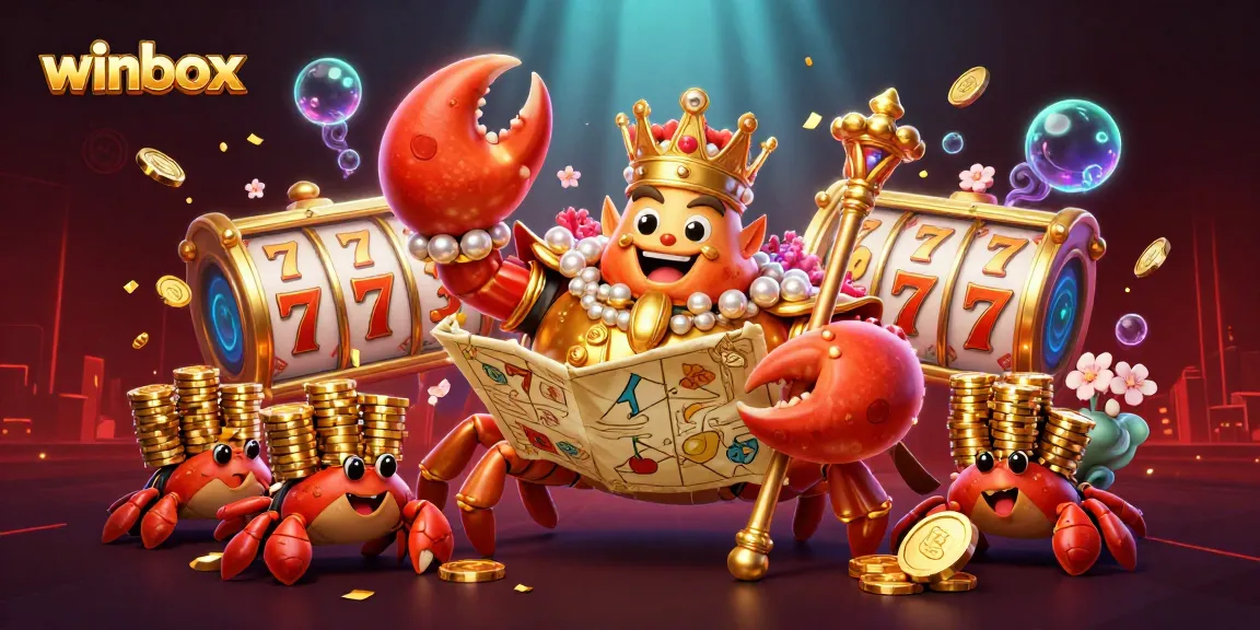 Winbox slots action with a golden crab emperor amidst vibrant casino elements and gold coins.