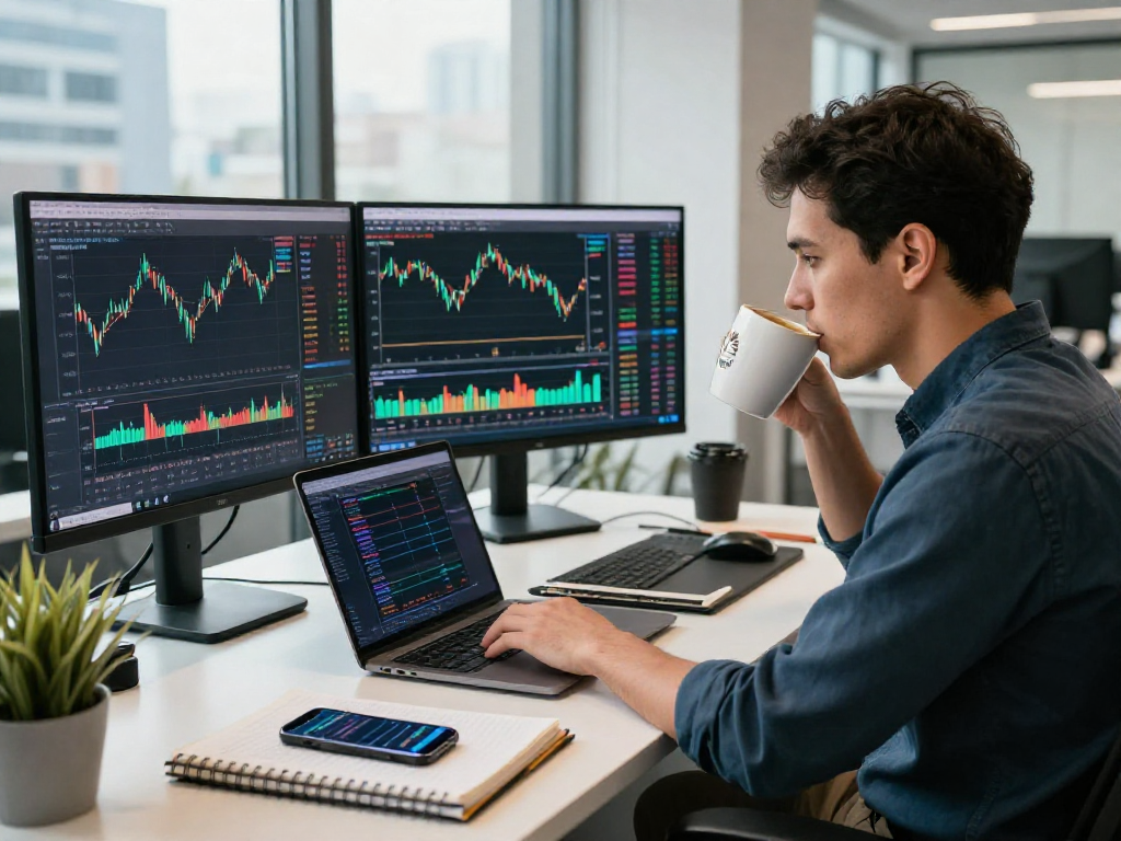 Focused trader analyzing market trends with MetaTrader 5 on multiple screens in a modern office.