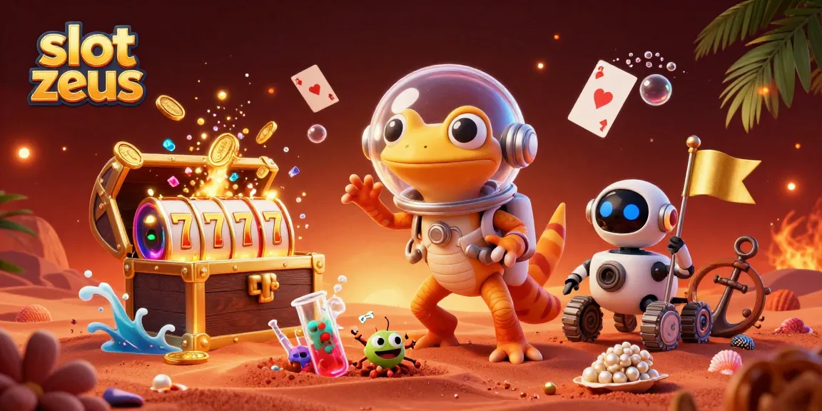 Experience thrilling slot zeus gameplay with Martian gecko and robot in a vibrant casino scene