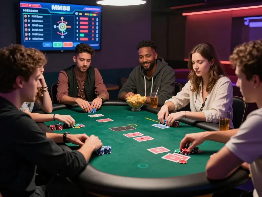 Friends enjoying a lively poker night with MM88 gaming platform features.