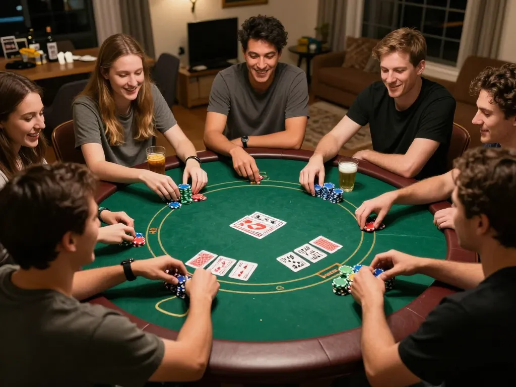 Active home poker game night where players enjoy friendly competition, showcasing sun win excitement