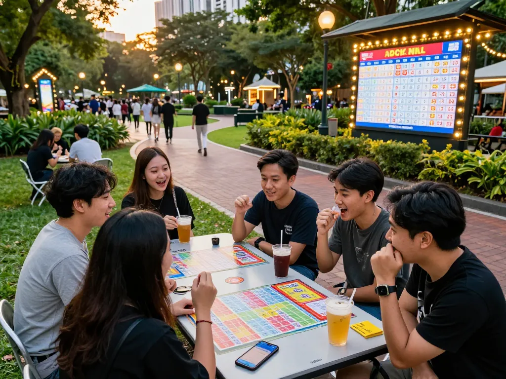 Friends eagerly checking HK Malam Ini lottery results while enjoying an evening in the park.