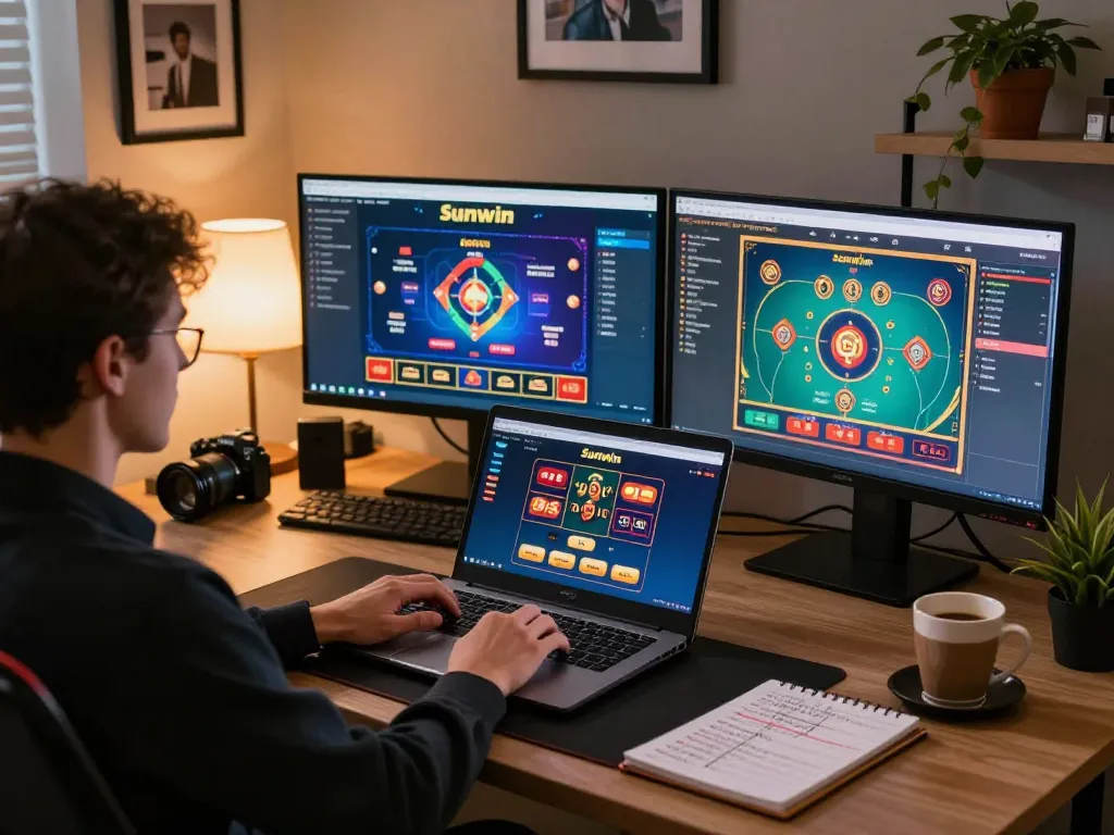 Engaging in strategic gameplay with Sunwin online casino interface on laptop at home desk