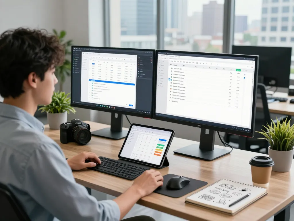 Explore tech gadgets for productivity in a modern workspace with dual monitors, notes, and plants.