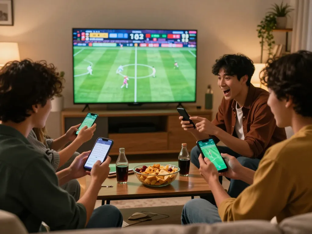 Friends actively discussing strategies and checking odds on their smartphones during a sports betting session at home, nhandinhkeonhacai insights visible on screen.