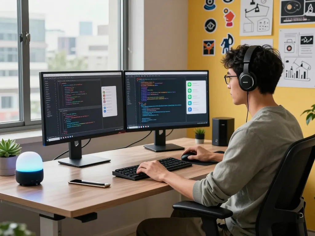 Developer interacting with ClawdBot AI on dual monitors in a modern tech workspace, showcasing innovative automation.