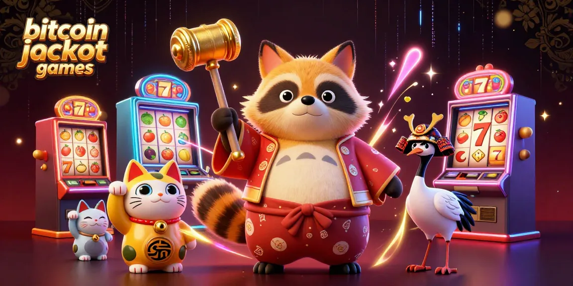 Engage with bitcoin jackpot games featuring colorful characters and dynamic slot machines in a vibrant casino scene.