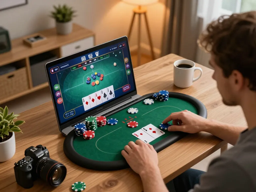 lc88 player engaging in online poker strategy with laptop and poker interface