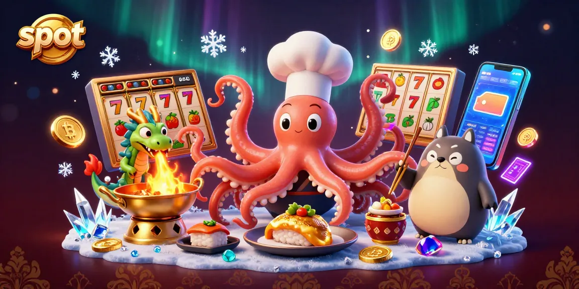 Engage with slot games featuring a sushi chef octopus surrounded by coins and jackpot symbols.