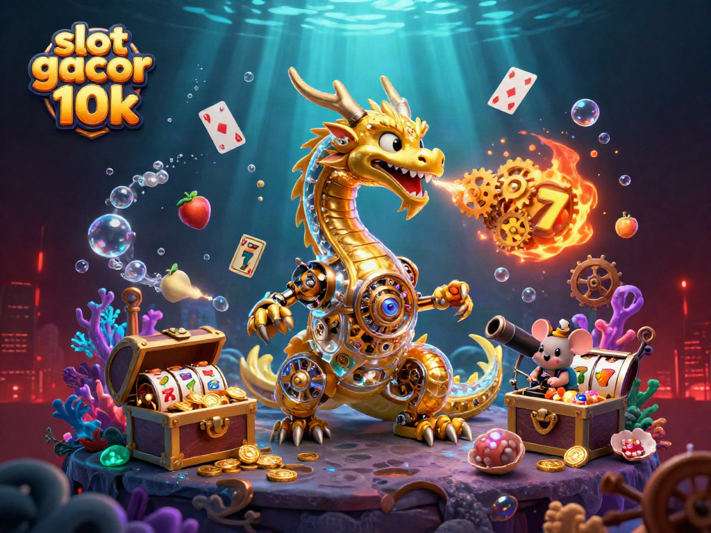 Engage with the slot gacor 10k experience through a vibrant 3D illustration of a golden dragon amidst slot elements.