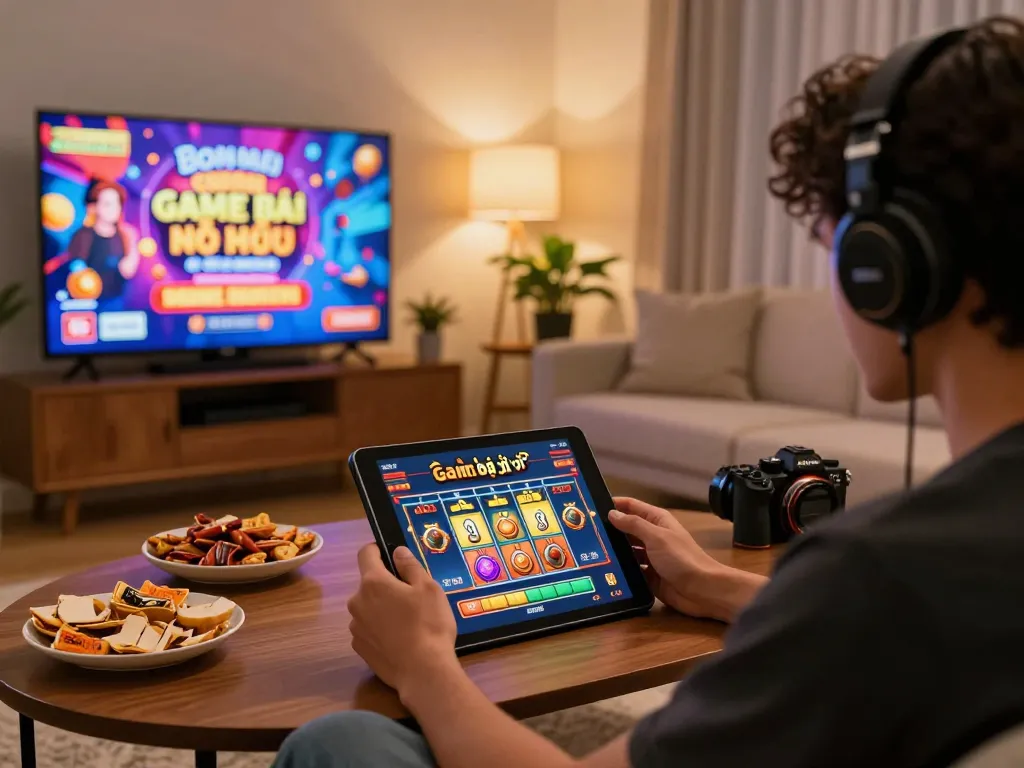 Engaging in the Game bài nổ hũ on a tablet with colorful visuals in a cozy home setup