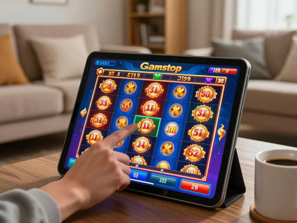 Engaging with slots not on Gamstop on a tablet in a cozy living room setting