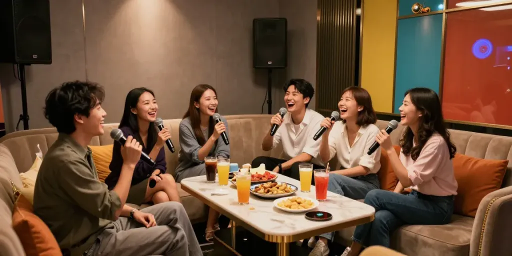 달토 가라오케의 고급스러운 룸에서 친구들이 즐거운 시간을 보내고 있는 모습