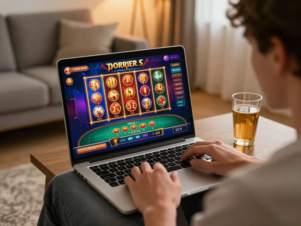 Player enjoying O8's online casino games on a laptop, showcasing engaging gameplay and immersive graphics.