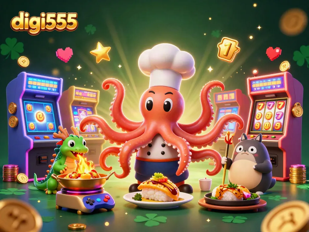 Engage with the immersive world of digi555, featuring vibrant characters and casino-themed elements in a dynamic setting.