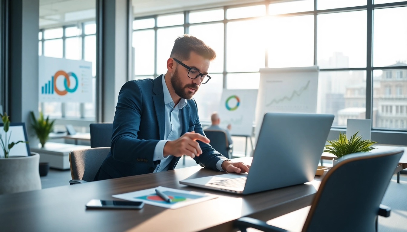 Analysing data on https://alvionz.de/ in a modern office, showcasing a digital marketing consultant at work.
