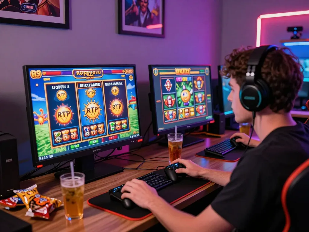 Player experiencing slot gacor games in a lively gaming room, highlighting excitement and strategy.