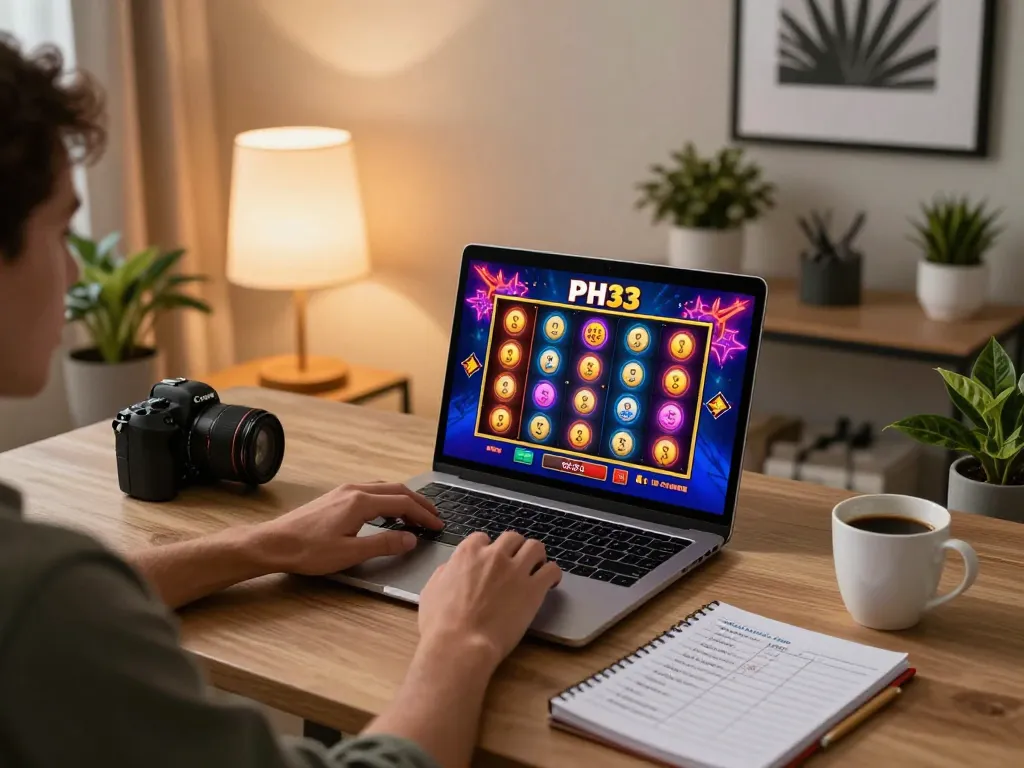Engaging in online gaming with PH33's vibrant slot games from a cozy home environment.