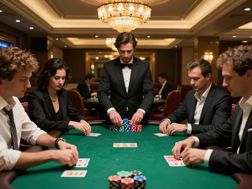 Intense poker gameplay at Onbet casino with players analyzing hands and colorful chip stacks.