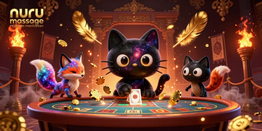 Nuru massage midtown manhattan captivates with a cartoon cat gambler attracting chips and cards