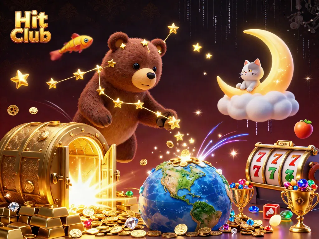 Hit Club scene with a constellation bear scooping coins, bursting treasure vault, and slot symbols.