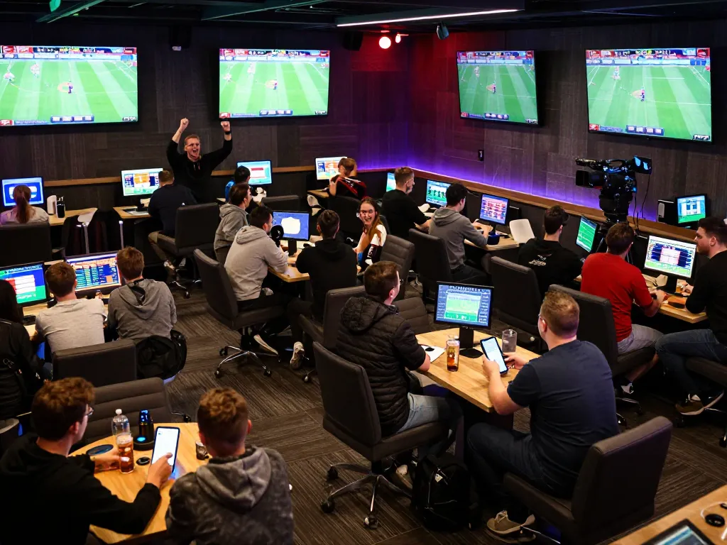 Fans engaging in sports betting at GO8, cheering for Bundesliga matches in a lively lounge.