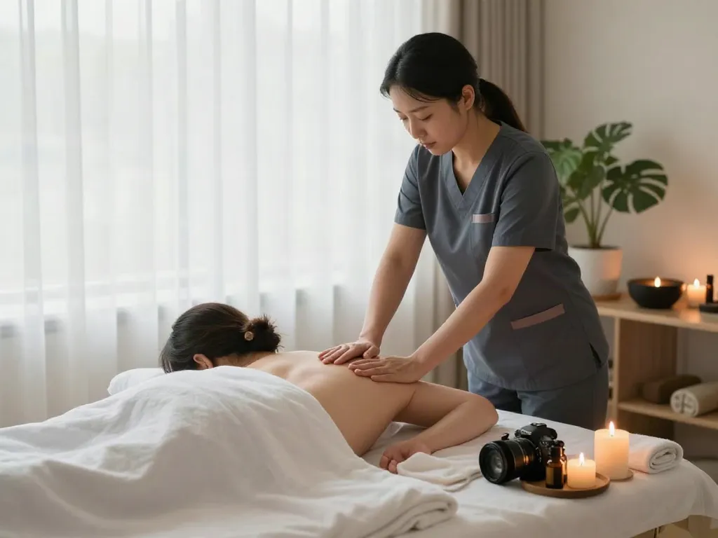 Providing a calming 군포출장마사지 in a serene home setting with essential oils and warm light.