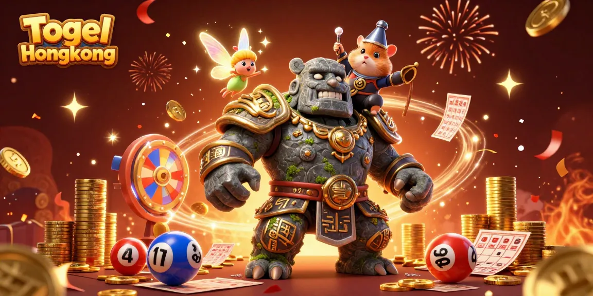 Togel Hongkong excitement springs to life with a magical scene showcasing a stone golem, fairy, and hamster knight among vibrant lottery elements.