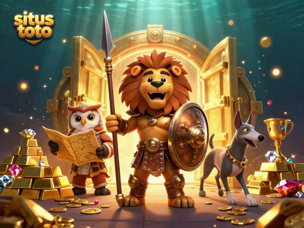 Experience situs toto with a vibrant scene showcasing gambling elements, treasure, and strategic gameplay.