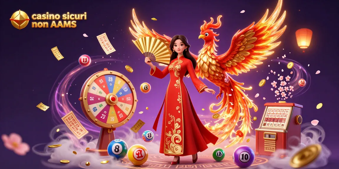 Interagisci con i casino sicuri non AAMS in una scena vibrante di una donna tradizionale, fenice ed elementi di gioco dinamici.