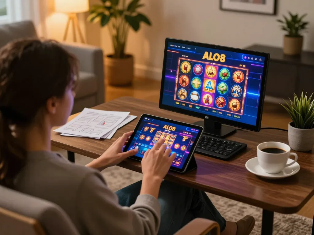 Player enjoying ALO8 casino games on a tablet in a cozy home setup with strategic notes