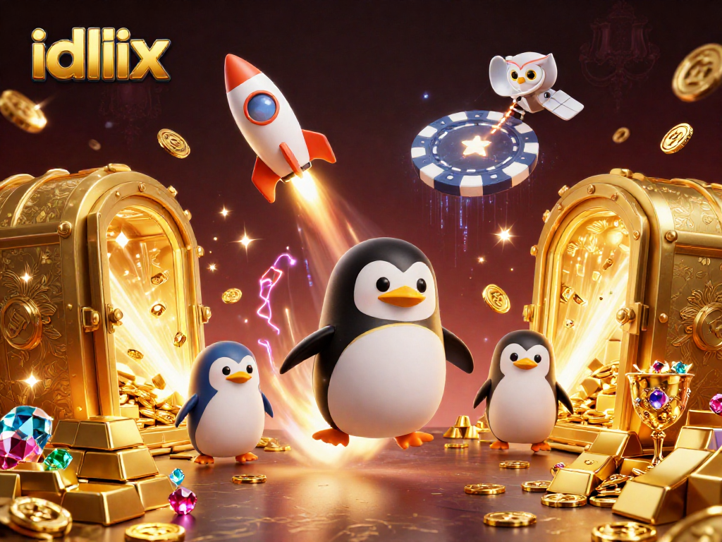 Play thrilling games with idlix as a golden penguin explores a vibrant casino world.