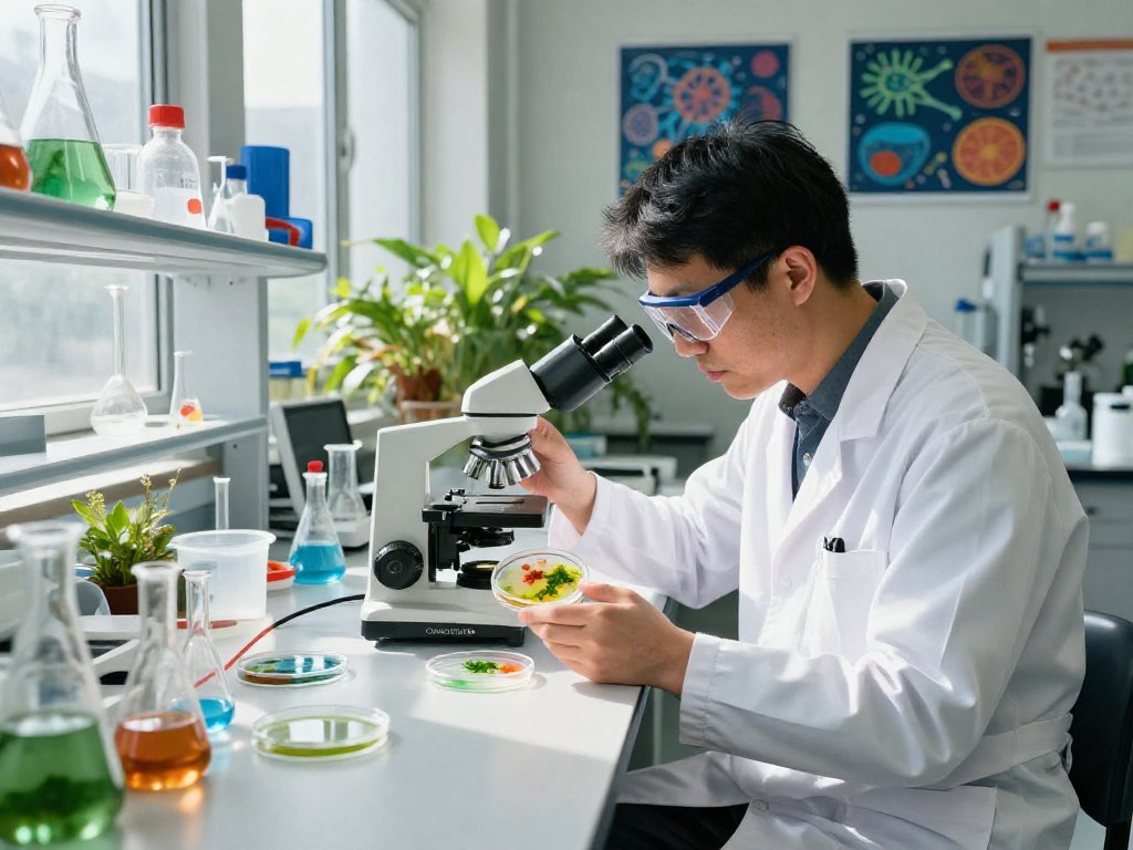 Scientist analyzing microalgae astaxanthin cultures in a bright lab for health benefits.