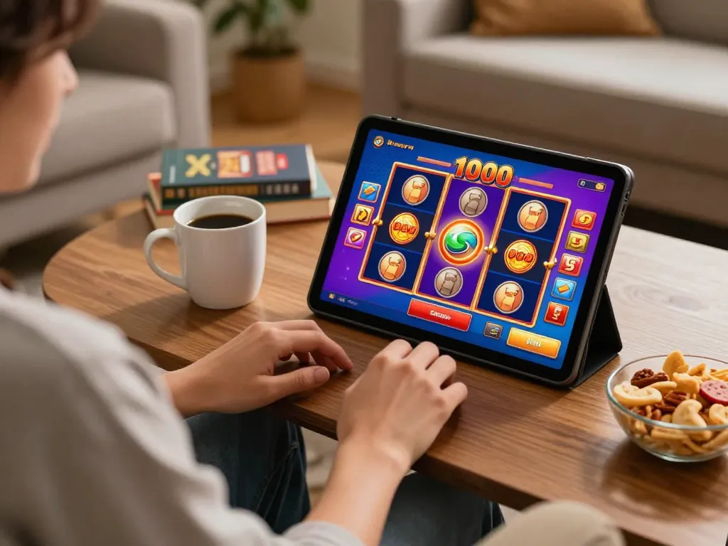 Engaging in slot deposit 1000 gameplay from home with colorful tablet interface and cozy atmosphere