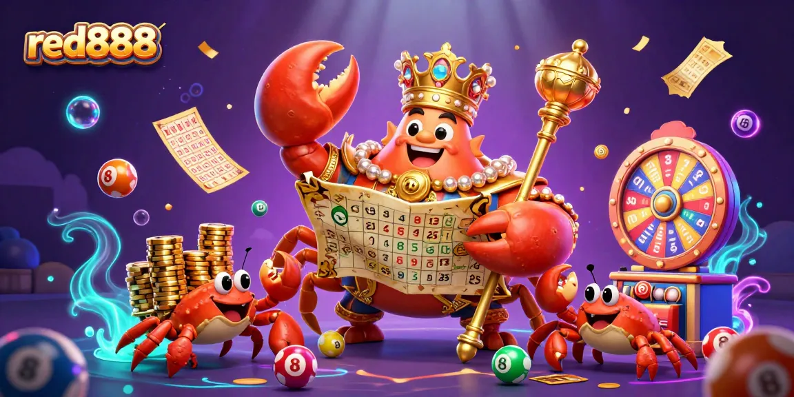 Join the vibrant world of red888 lottery excitement with a golden crab emperor amid bouncing colorful balls.