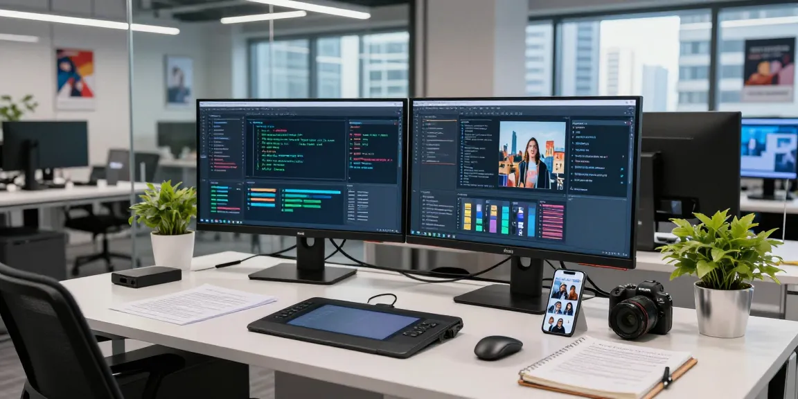 Data analyst detecting AI image authenticity in a modern tech workspace, showcasing advanced tools and dual monitors.