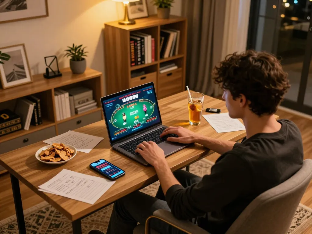Engaged user enjoying u888 online casino gaming on a laptop, with betting notes and snacks nearby.