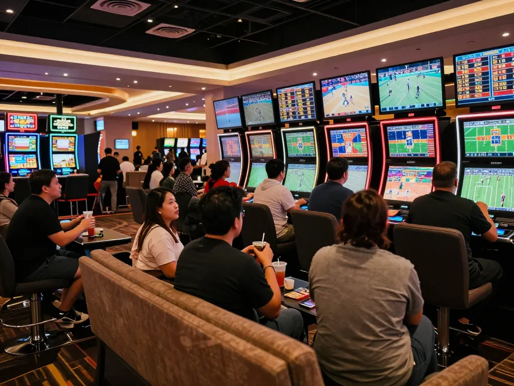 V9BET betting enthusiasts engaged in sports betting at a modern casino venue with multiple screens displaying live events