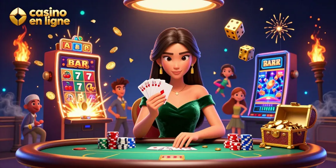 Vivez des sensations fortes au casino en ligne avec une scène de jeu dramatique mettant en vedette des éléments de poker et de machines à sous.