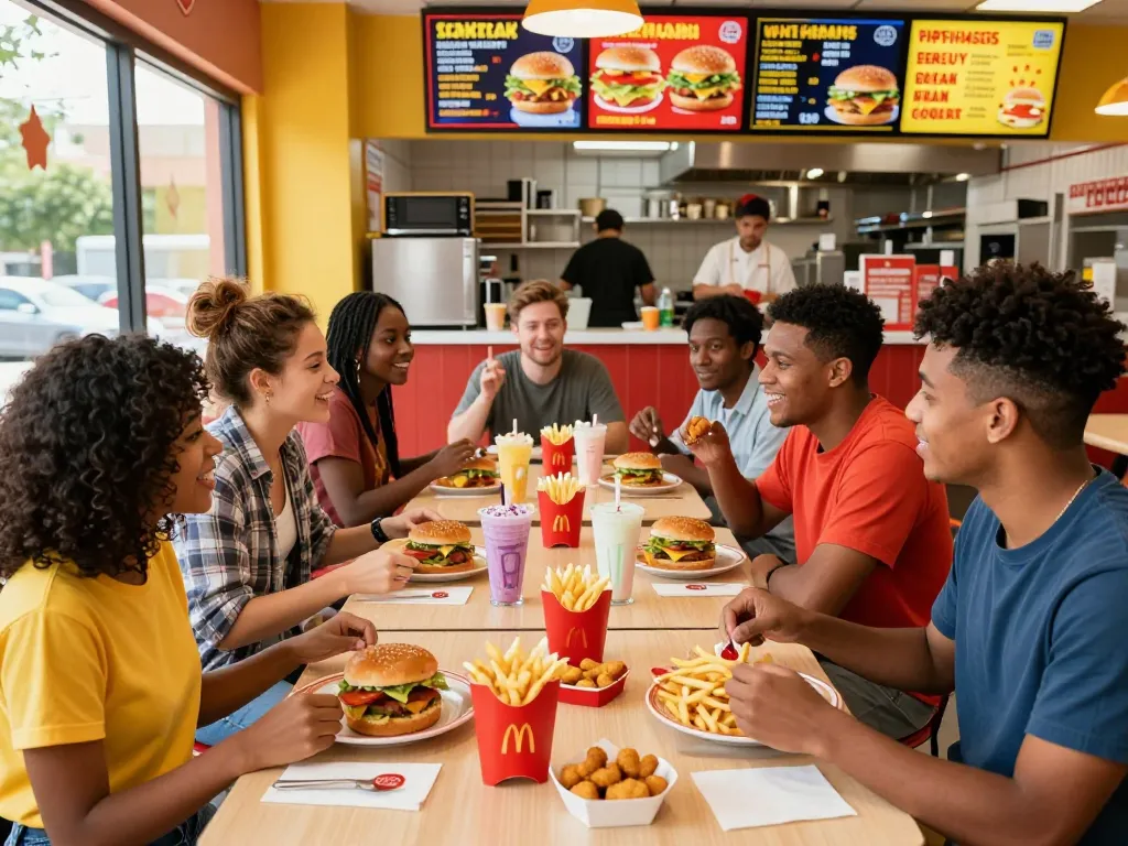 Fast food menu featuring friends enjoying burgers and fries in a lively restaurant setting.
