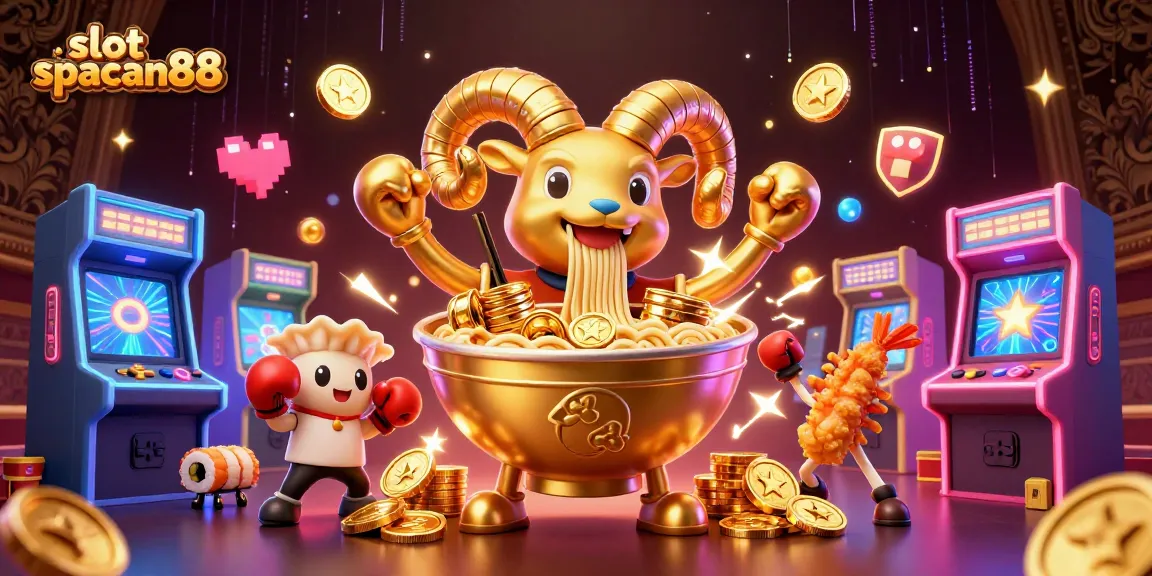 Engage with slot spaceman88 as a whimsical ramen bowl deals cards in a vibrant casino setting.