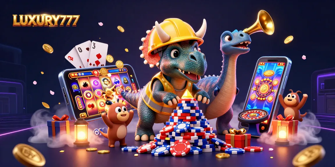 Menggandakan kemenangan dengan LUXURY777, ilustrasi kasino penuh warna dengan dinosaur dan elemen judi yang menggembirakan.