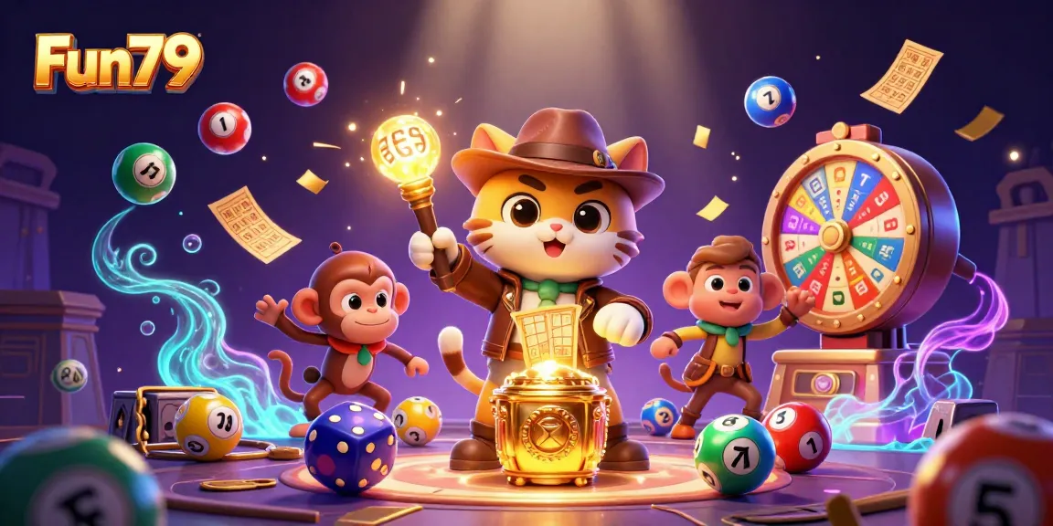 Engage with Fun79's thrilling treasure hunt amidst colorful casino elements and an adventurous theme.