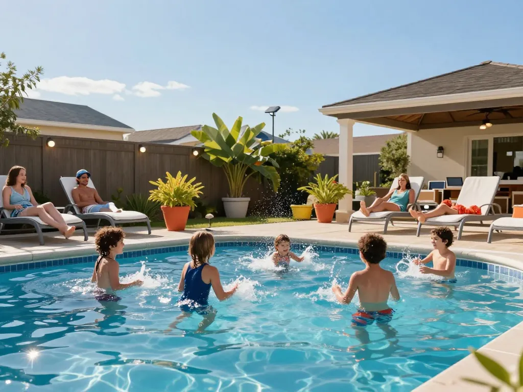 Dolphin Pool Services helping families enjoy a sunny pool day, showcasing a relaxing poolside atmosphere.