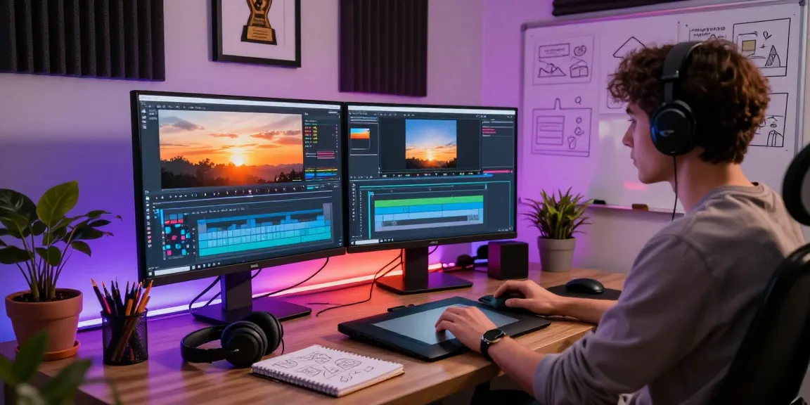 Motion design and VFX masterclass in a vibrant video editing studio with an engaged editor working on dynamic animations.