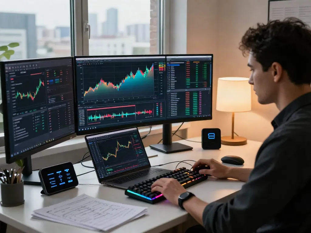 虚拟货币行情API and cryptocurrency trading scene with real-time data and security measures in a modern workspace.