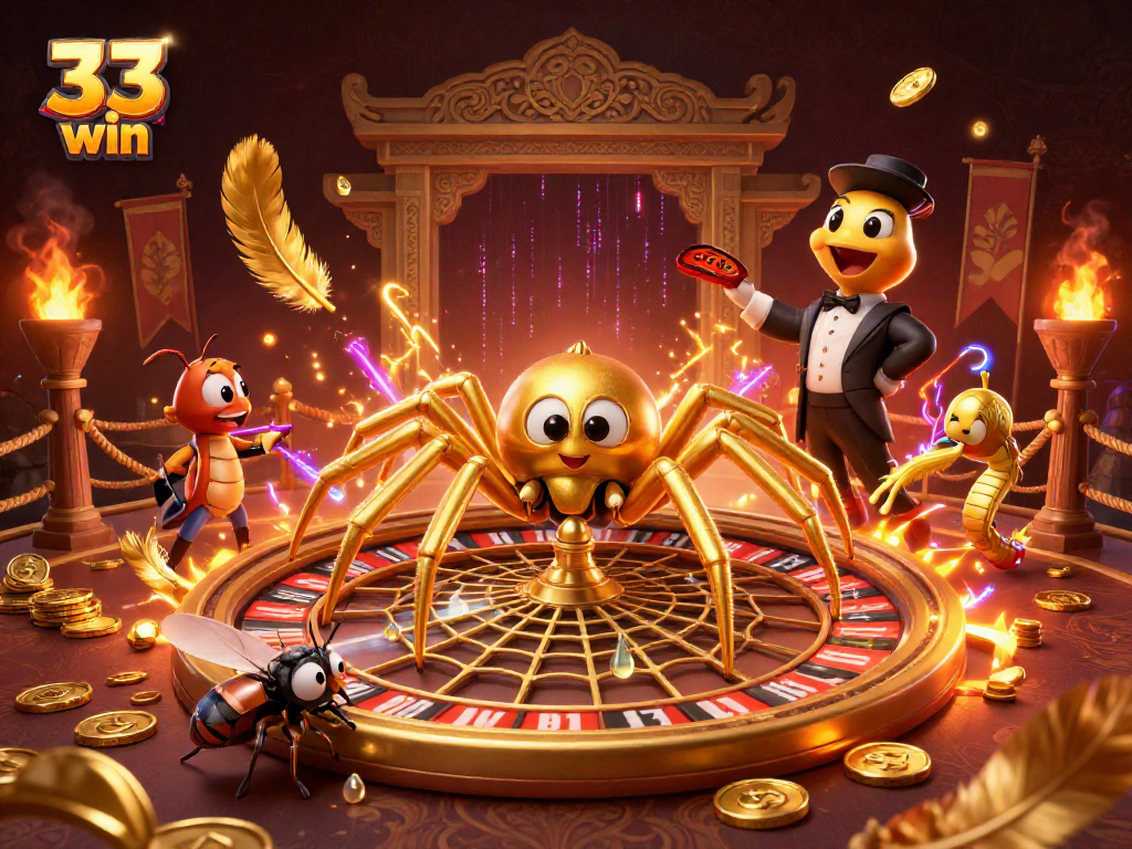 33 win excitement as a golden spider spins a roulette wheel web while a fly bets.