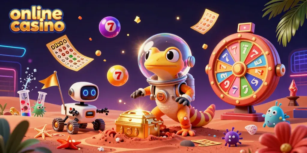 Experience thrilling moments in an online casino with a Martian gecko discovering games and riches on Mars.